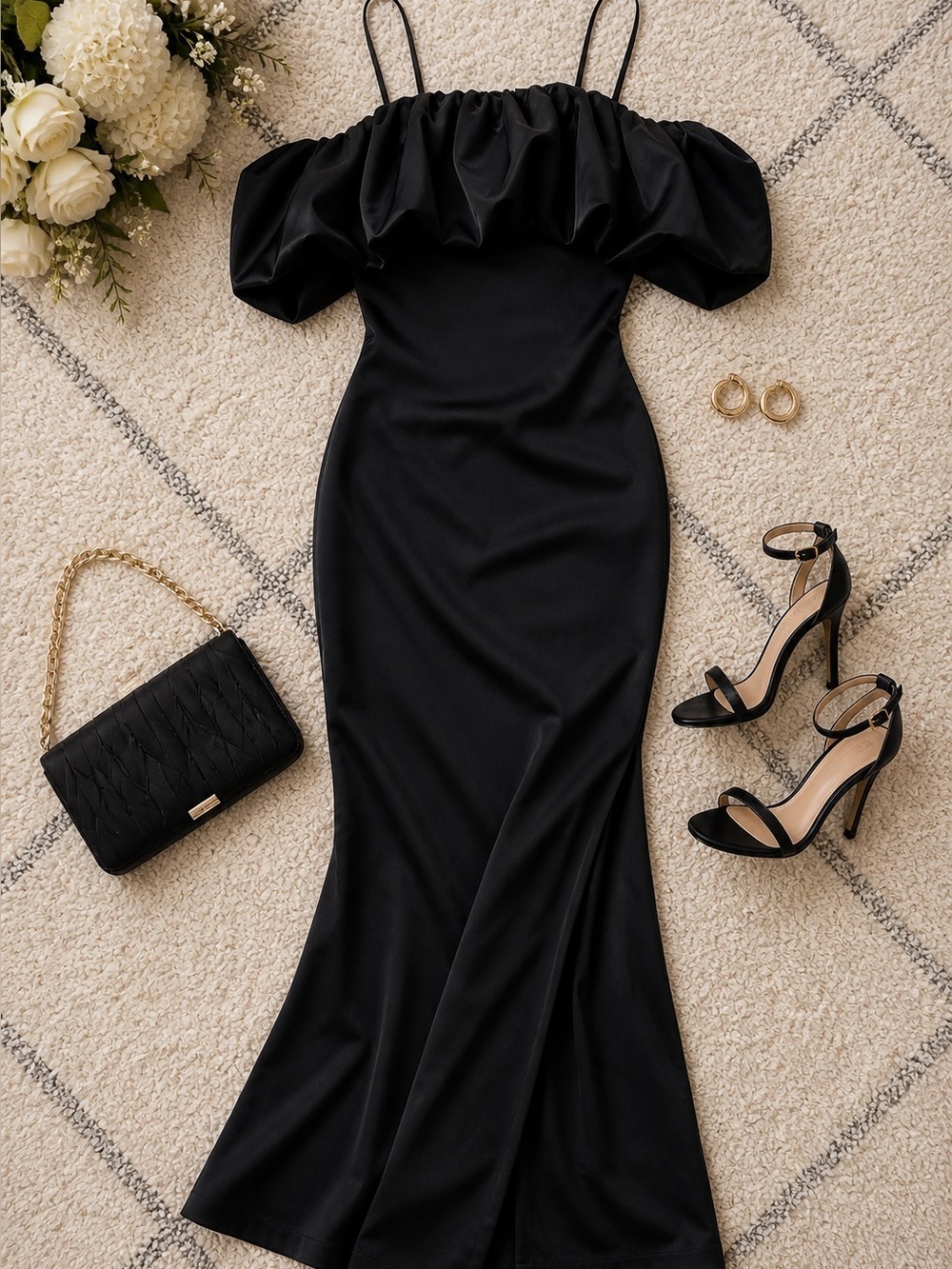 SIMKHAI Dorina Black Cold Shoulder Ruffled Taffeta Maxi Gown NWT Size 0